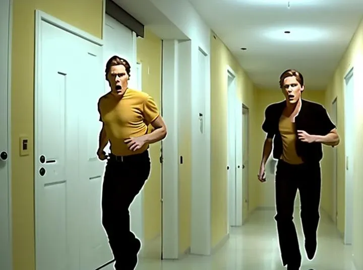 germy 1990's stylized movie tv show still frame of jerma985 in a thriller horror movie being chased in the backrooms yellow hallway by a scary guy