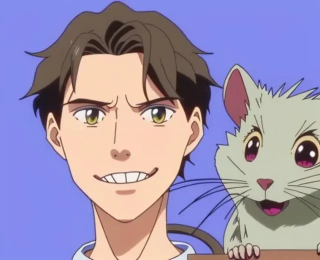 germy 1990's stylized anime movie tv show still frame of jerma985 as a fantasy anime protagonist character with a pet gray rat sidekick on his shoulder. detailed background