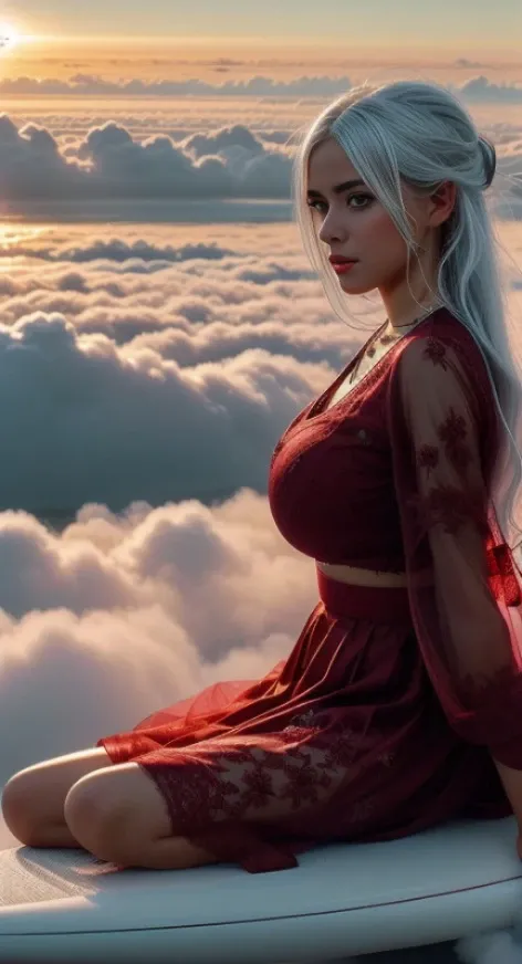 1girl, Extremely photogenic girl, white hair, (detailed eyes:0.8), (red lips:0.8), (freckles:0.7), (blush:1.1), textured skin, hourglass figure, (photorealistic:1.3), (vibrant colors, 8k, high quality, shot on Fujifilm X-T4, 85mm f1.2), <lora:epiCRealismHelper:0.99>, <lora:add_detail:0.8>, <lora:breastsizeslideroffset:0.6>, gigantic breasts, <lora:girllikeyujianflying:0.99> yujian flying, (long hair blowing in the wind, floating hair, dense fog, steam:1.1), above the clouds, god rays, sun rays, flare, sitting on a large surfboard, see-through red sleeves, see-through red hanfu, necklace, jewelry, earrings, silhouette, raining, extremely windy, (looking at viewer:1.3), (view from side:1.2)