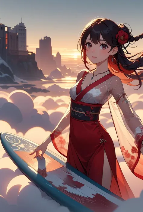 (masterpiece, best quality), 1girl, Copper Red Waterfall Braid, tiny breasts, <lora:girllikeyujianflying:0.8> yujian flying, metal surfboard, above the clouds, floating hair, hair flower, see-through sleeves, see-through hanfu, necklace, jewelry, earrings, fog, flare, silhouette, cloudy sky