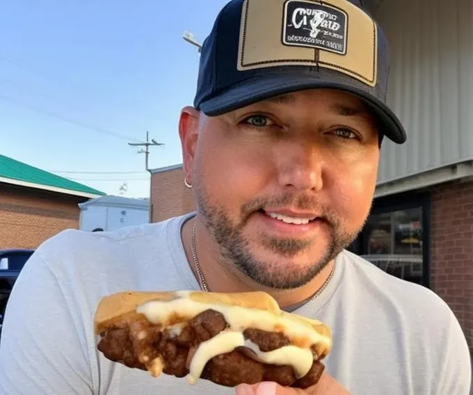 jasonaldean person eating a fat sloppy chili dog:, ((behind the ice cream shop /"Tastee Freeze"/ )). Color photograph. Chili dog in mouth