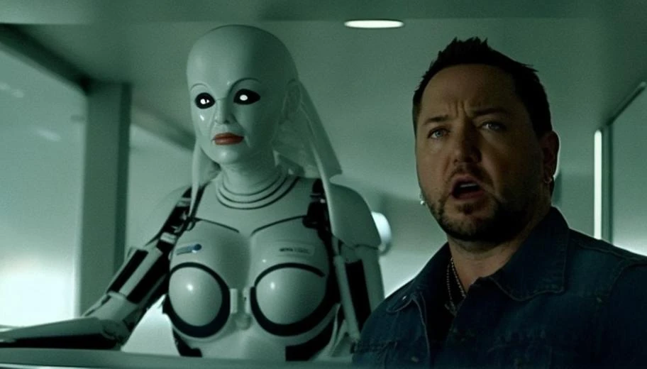 movie still of jasonaldean person Two-Shot, delivering an alien from his man papoose on an alien spaceship with cyborg alien women. Bowel problemsmisinterpretfright, scared facial expression, color film still from 1 9 8 9 movie leviathan. with a life preserver in his hand is screaming at the camera , film direction by Rian Johnson