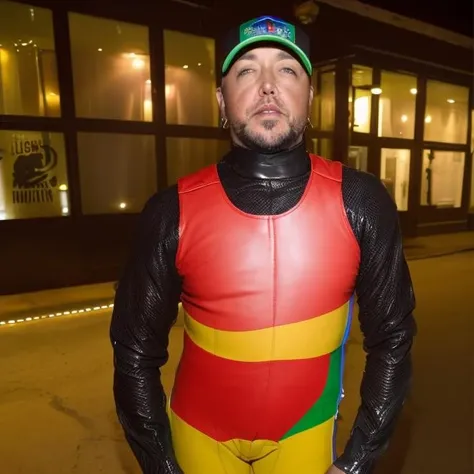 Jasonaldean person wearing a gay pride ((tight leather bodysuit)) alone outside a ((small town gay nightclub in texas)), ((lipstick)),