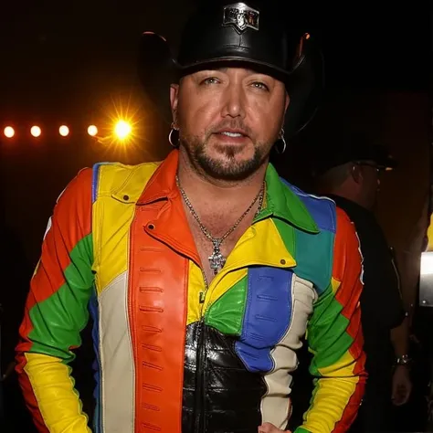 Jasonaldean person wearing a gay pride ((tight leather bodysuit)) alone outside a ((small town gay nightclub in texas)), ((lipstick)),