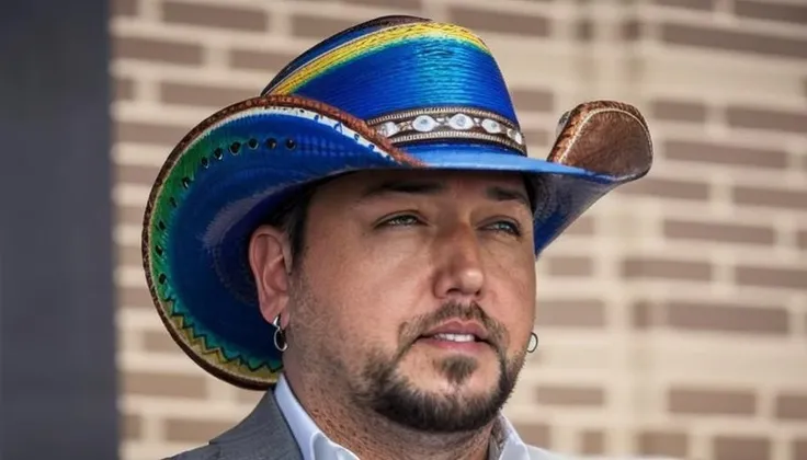 jasonaldean person wearing a gay pride r(aindow colored cowboy hat:1.4) in downtown Dallas Texas.