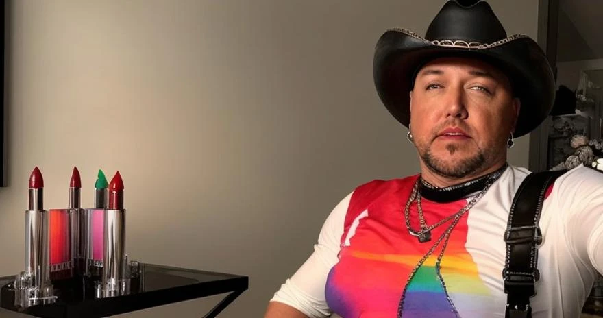 JasonAldean person is ((wearing lipstick)) and a (tight gay rainbow pride BDSM leather bodysuit at a gay with matching cowboy hat:1.3). BREAK _ArtAngleShotFocus__, highlighted by unique __ArtLighting__ BREAK (homosexual style:1.2) __Weapon__ and __Vehicle__BREAK ((bright red lipstick)) wearing a gay pride