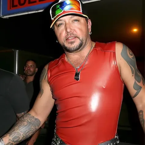 Jasonaldean person wearing a gay pride ((tight leather bodysuit)) alone outside a ((small town gay nightclub in texas)), ((lipstick)),