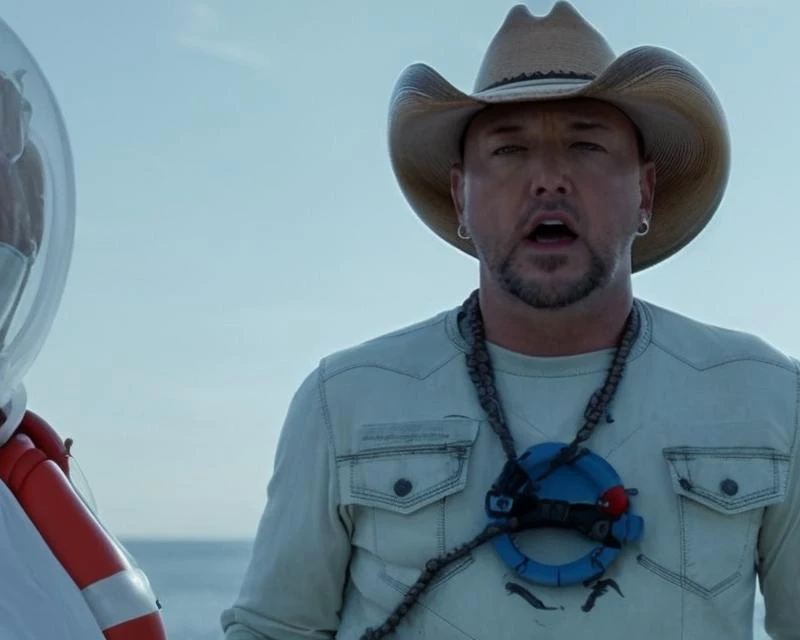 movie still of jasonaldean person (wearing a jumpsuit:1.1) low wide angle shot (delivering a alien from his man papoose:1.1) on an alien spaceship with cyborg alien women color film still from 1 9 8 9 movie leviathan. with a( life preserver in his hand is screaming at the camera:1.1) , by Kent Monkman