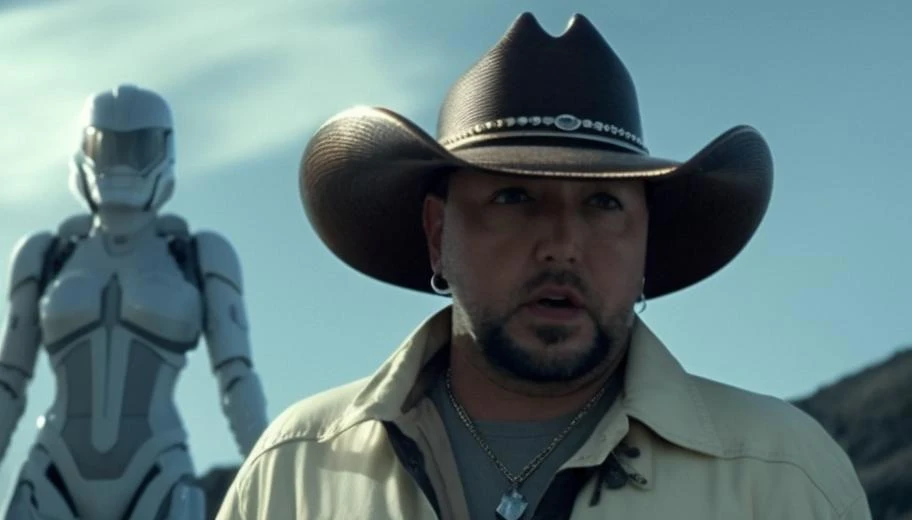 movie still of jasonaldean person low wide angle shot delivering a alien  from his man papoose on an alien spaceship with cyborg alien women color film still from 1 9 8 9 movie leviathan. with a life preserver in his hand is screaming at the camera , by Kent Monkman