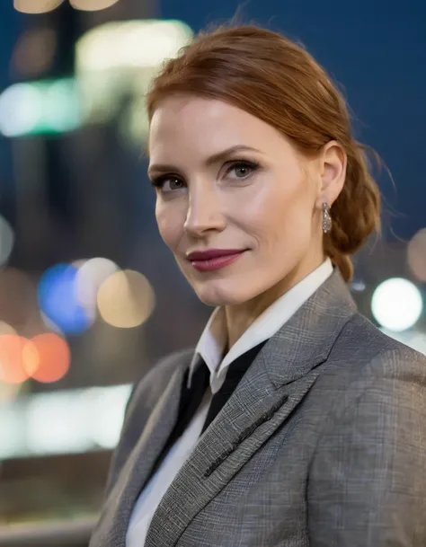 face closeup portrait of fit (ohwx woman) <lora:chastain_lora_sdxl_v1-000008:1> a businessman on a new york skyscraper roof (at night:1.1) wearing a fashion Armani suit, depth of field, zeiss lens, 105mm F2.0, fashion shooting, fashion clean cut,Sony a7R, cinematic lighting, city lights, in style of Everett Raymond Kinstler