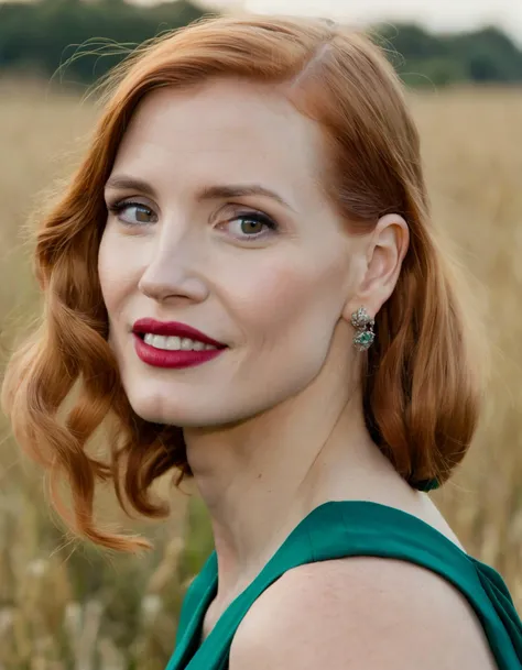 RAW candid cinema, (ohwx woman) <lora:chastain_lora_sdxl_v1-000008:1> portrait in a field, 16mm, ((remarkable color)), (ultra realistic)