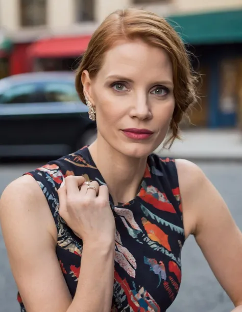 Mid-shot portrait of a beautiful (ohwx woman) <lora:chastain_lora_sdxl_v1-000008:1> in his 30s with perfect skin, candid street portrait in the style of Martin Schoeller award winning, Sony a7R