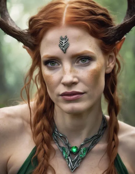 (ohwx woman) <lora:chastain_lora_sdxl_v1-000008:1>  as a druid, perfect face, thin antlers, green halter top, ginger hair, abs, cinematic, freckles, stunning, athletic, strong, agile, highly detailed, psychedelic, digital painting, artstation, smooth, hard focus, illustration, art by jessica rossier and and brian froud
