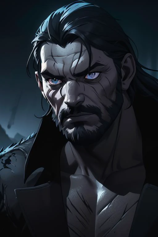 In the shadowed realms a figure emerges with an aura of brooding mystique. A man of striking countenance, his face bears the scars of a thousand battles, a roadmap etched in the rugged terrain of his weathered skin. elegant, sharp focus, photo by greg rutkowski, soft lighting, vibrant colors, masterpiece, detailed face