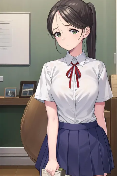 akaneyoshizawa, <lyco:akaneyoshizawa-lyco-nochekaiser:1>,
akane yoshizawa, black hair, ponytail, (green eyes:1.5), swept bangs, long hair,
BREAK skirt, shirt, ribbon, school uniform, white shirt, short sleeves, pleated skirt, shoes, socks, blue skirt, white socks, collared shirt, red ribbon,
BREAK indoors, classroom,
BREAK looking at viewer, (cowboy shot:1.5),
BREAK <lyco:GoodHands-beta2:1>, (masterpiece:1.2), best quality, high resolution, unity 8k wallpaper, (illustration:0.8), (beautiful detailed eyes:1.6), extremely detailed face, perfect lighting, extremely detailed CG, (perfect hands, perfect anatomy),
