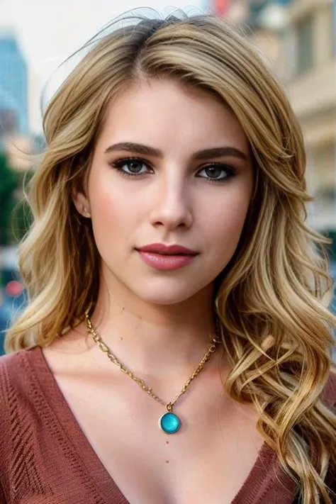 <lora:2mm1r4b2rts:0.9>, a Realistic Portrait of a 2mm1r4b2rts woman with brown eyes and blonde Hair style, looking at viewer, casual clothes,  bare shoulders, jewelry, makeup, red lips, parted lips, teeth, necklace, lips, realistic, soft lighting, professional Photography, Photorealistic, detailed eyes, city  background, RAW, analog, sharp focus, 8k, HD, DSLR, high quality, Fujifilm XT3, film grain, award winning, masterpiece