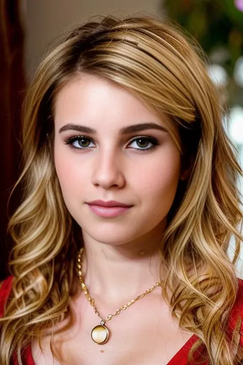 <lora:2mm1r4b2rts:0.9>, a Realistic Portrait of a 2mm1r4b2rts woman with brown eyes and blonde Hair style, looking at viewer, bare shoulders, jewelry, makeup, red lips, parted lips, teeth, looking back, necklace, lips, realistic, soft lighting, professional Photography, Photorealistic, detailed eyes, standing in a dark Studio Room background, blurred background, RAW, analog, sharp focus, 8k, HD, DSLR, high quality, Fujifilm XT3, film grain, award winning, masterpiece