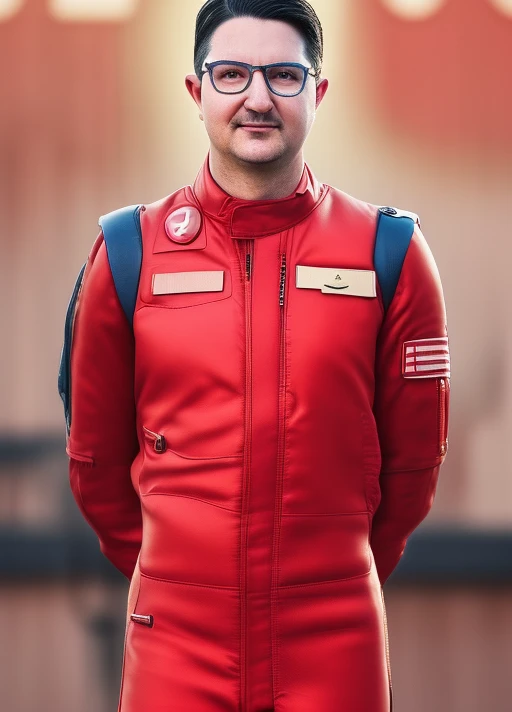 an ultra realistic photo of tecfan person on the street, wearing in red pilot suit, highly detailed, realistic, 4k