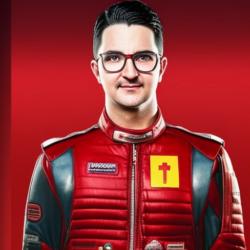 an ultra realistic photo of tecfan person on the street, wearing in red pilot suit, flat racing circuit background, highly detailed, realistic, 4k