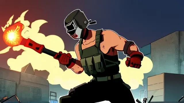 1man, anime, cartoon, minimalism, flat, Artstation, (welding mask:1.3), (holding twohanded hammer:1.3), UFC red gloves, (assault vest:1.1), best quality, masterpiece,russia, brutal, brutalism, muscles, powerfull, active pose, russian, gopnik, prisonery, factory background, noir, epic, dramatic light, toon, flat, vector, illustration, lineart, outline, escape frome tarkov, <lora:Tagilla_V01:0.75>