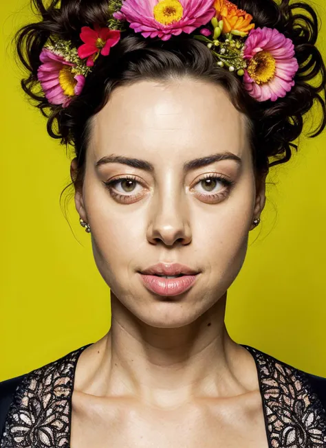 portrait of aubreyplaza-ti by Flora Borsi, style by Flora Borsi, bold, bright colours, intricate haircut, ((Flora Borsi)), natural lighting, by David LaChapelle