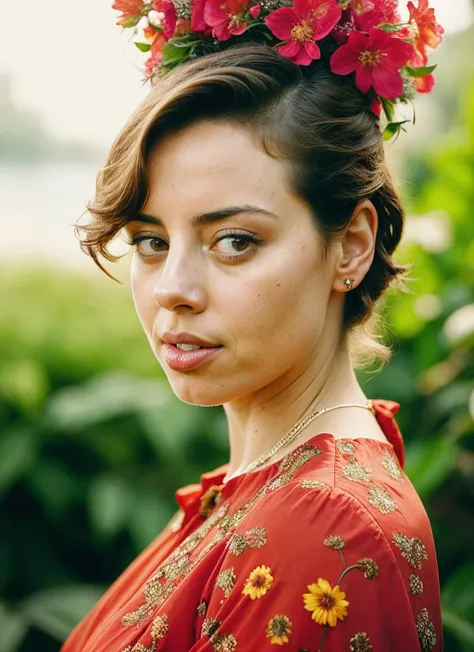 portrait of aubreyplaza-ti by Flora Borsi, style by Flora Borsi, bold, bright colours, intricate haircut, ((Flora Borsi)), natural lighting, by Michael Kenna