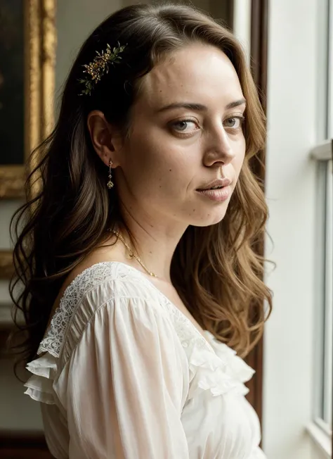 natural lighting, by Andreas Gursky, Victorian (aubreyplaza-ti), (victorian-lace), ((Perfect Face)),((Sexy Face)),((Detailed Pupils)), Anders Zorn, [[ilya Kuvshinov]], [[jean-baptiste Monge]], Sophie Anderson, Gil Elvgren, Oil Painting, Evocative Pose, Looking at Viewer, cute Shirt, (Intricate),(High Detail), Sharp, beautiful background, vivid colors