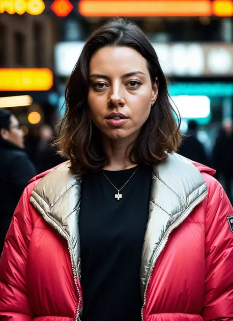 natural lighting, by Michael Kenna, (aubreyplaza-ti), detailed portrait vanpire neon operator ((sks woman)), cyberpunk futuristic neon, reflective puffy coat, decorated with traditional japanese ornaments by ismail inceoglu dragan bibin hans thoma greg rutkowski alexandros pyromallis nekro rene maritte illustrated, perfect face, fine details, realistic shaded, fine - face, pretty face