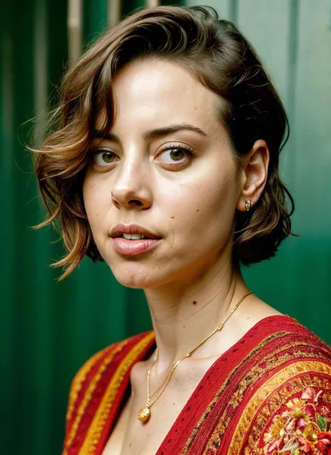 portrait of aubreyplaza-ti by Flora Borsi, style by Flora Borsi, bold, bright colours, intricate haircut, ((Flora Borsi)), natural lighting, by Peter Lindbergh