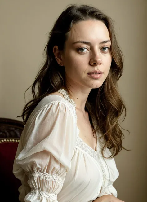 natural lighting, by Annie Leibovitz, Victorian (aubreyplaza-ti), (victorian-lace), ((Perfect Face)),((Sexy Face)),((Detailed Pupils)), Anders Zorn, [[ilya Kuvshinov]], [[jean-baptiste Monge]], Sophie Anderson, Gil Elvgren, Oil Painting, Evocative Pose, Looking at Viewer, cute Shirt, (Intricate),(High Detail), Sharp, beautiful background, vivid colors