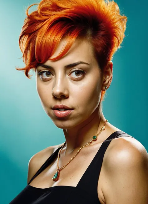 portrait of aubreyplaza-ti by Flora Borsi, style by Flora Borsi, bold, bright colours, orange Mohawk haircut, ((Flora Borsi)), natural lighting, by Dominique Issermann