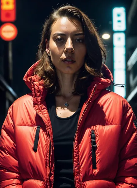 natural lighting, by Dominique Issermann, (aubreyplaza-ti), detailed portrait vanpire neon operator ((sks woman)), cyberpunk futuristic neon, reflective puffy coat, decorated with traditional japanese ornaments by ismail inceoglu dragan bibin hans thoma greg rutkowski alexandros pyromallis nekro rene maritte illustrated, perfect face, fine details, realistic shaded, fine - face, pretty face