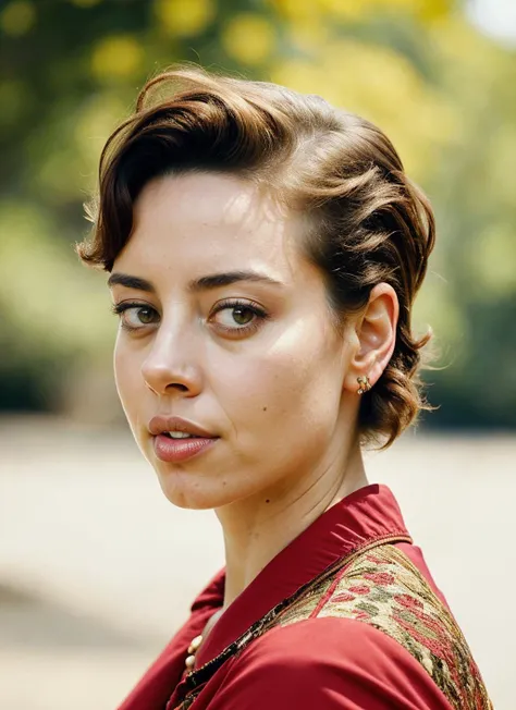 portrait of aubreyplaza-ti by Flora Borsi, style by Flora Borsi, bold, bright colours, intricate haircut, ((Flora Borsi)), natural lighting, by Peter Lindbergh
