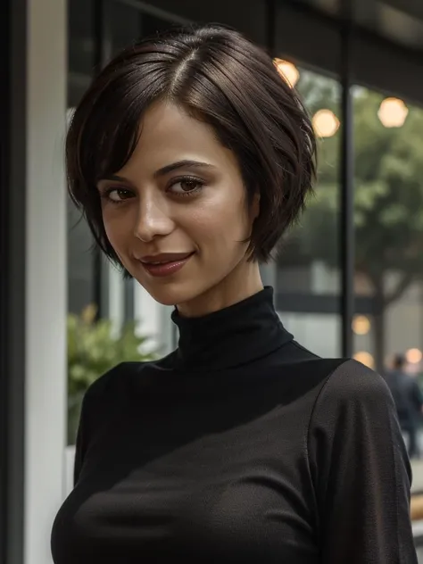 photo of extremely sexy (cathb3ll-140:0.99), a woman as a sexy student, closeup portrait, short bob haircut, (green tight long sleeve turtleneck top), at a cantina sitting bar (masterpiece:1.5) (photorealistic:1.1) (bokeh) (best quality) (detailed skin texture pores hairs:1.1) (intricate) (8k) (HDR) (wallpaper) (cinematic lighting) (sharp focus), (eyeliner), (painted lips:1.2), (earrings), (grin512)