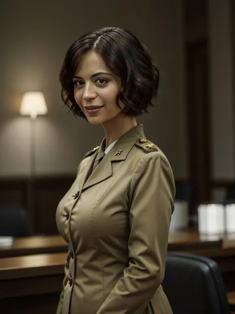 closeup of cath3rin3b311, short hair, looking at viewer, smile, uniform, military, olive drab military uniform, indoors, court room, <lora:Catherine_Bell_PMv1_Lora:1.3>,, digital painting portrait, natural lighting, in the style of pixar, trending on artstation, sharp, focus art by Arthur Streeton and Božidar Jakac, ((Cinematic)), detailed skin texture, (blush:0.5), (goosebumps:0.5), subsurface scattering