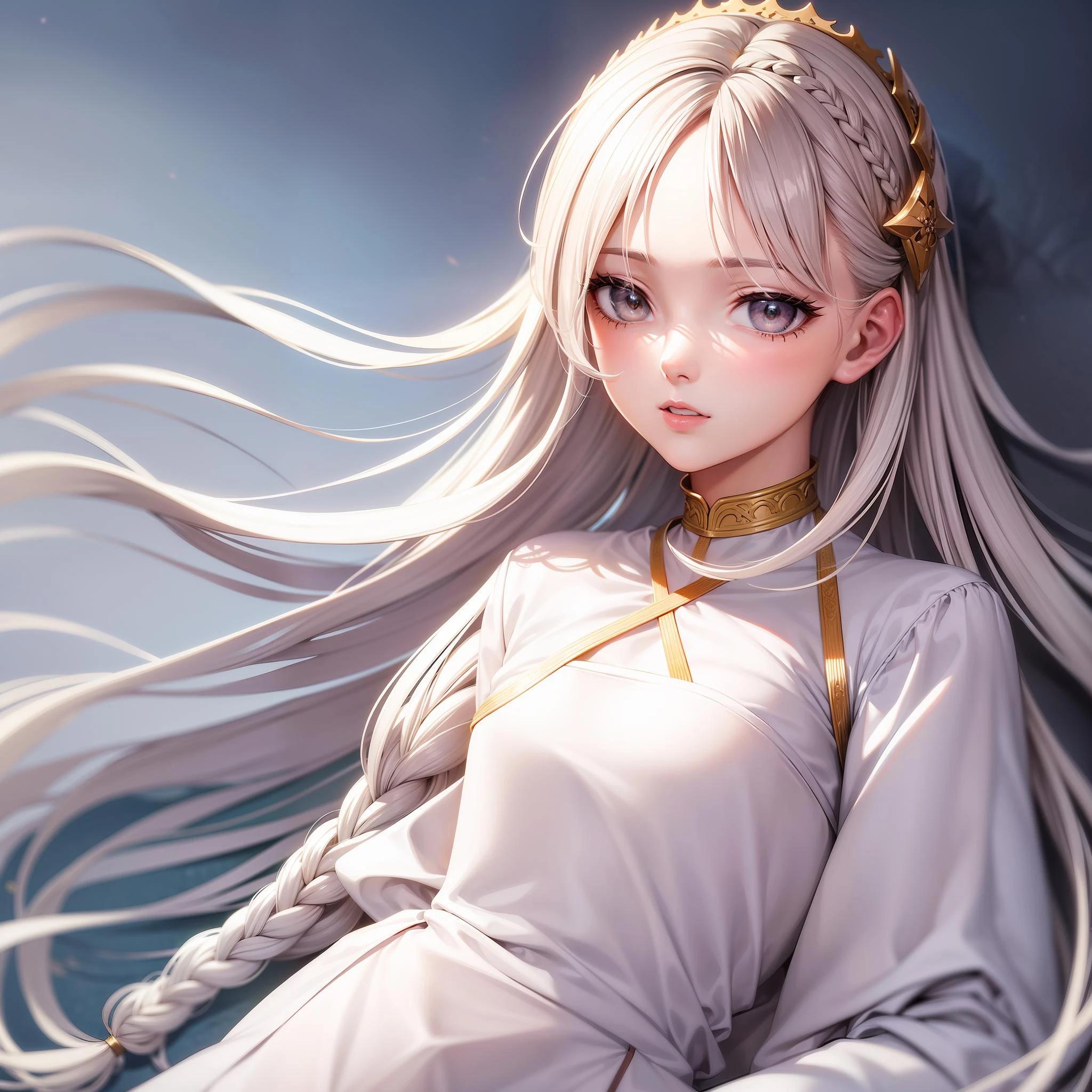 best quality, masterpiece,white hair, gold eyes,white clothes, looking up, upper body,hair strand,Fair skin,side braids
