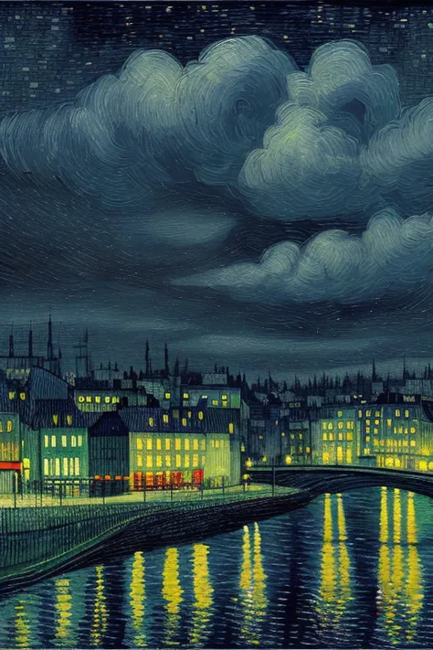 a gloomy atmospheric city at night in the style of a vincent van gogh painting but with a modern twist style
