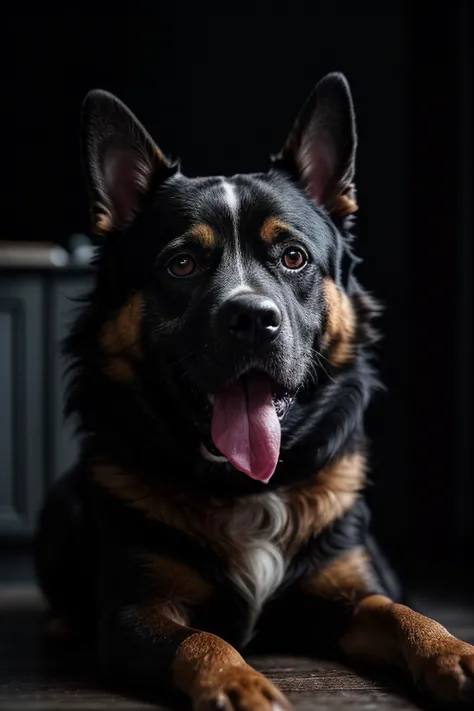 a dog sitting on the kitchen floor, fluffy, detailed fur, sharp red eyes, looking at viewer, portrait, (textured skin, skin pores:1.2), (moles:0.8), (imperfect skin:1.1), intricate details, goosebumps, flawless face, <lora:epiNoiseoffset_v2:1.2>, ((photorealistic):1.1), (raw, 8k:1.2), hyper realistic, HDR, cinematic,, dark, muted colors, slate atmosphere, ((macro lens))