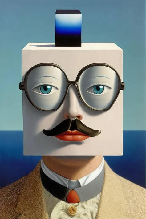 Reflective Surreal Cube Head By Rene Magritte and Salvador Dali, Surrealism, Goggles