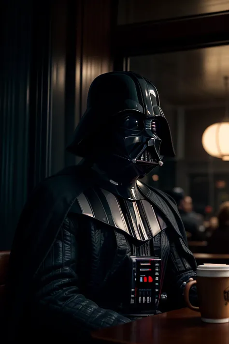 A photo of a Darth Vader sitting in a busy old diner, coffee cup in front of him, looking at viewer, portrait, <lora:epiNoiseoffset_v2:1.2>, ((photorealistic):1.1), (raw, 8k:1.2), hyper realistic, HDR, cinematic,, dark, muted colors, slate atmosphere