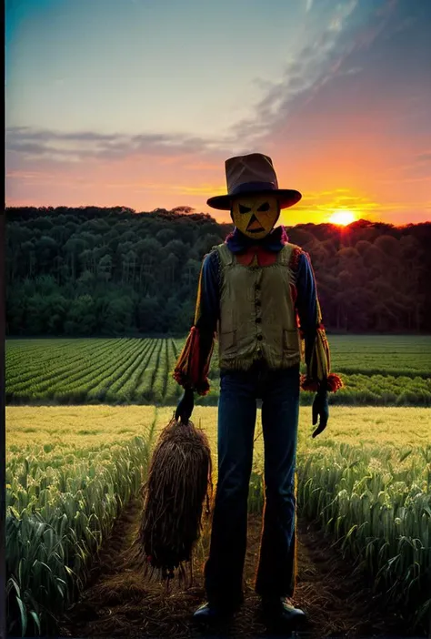 ((Low angle ground view)((Vintage FARMING HORROR magazine)) ((color news photo)) of a (srawman realistic looking human figure SCARECROW wearing clown JESTER clothing)BREAK(in tall field) BREAK((ominous sunset light) (phi ratio composition)(Perfect perspective)(wide angle lens) in the ((WPA photos)BREAK(post-processing: oversharpen, expert dodge and burn, ISO 400 color film noise, corner darken vignette) <lora:BetterHands:2> <lora:DepthOfFieldSliders:0.7><lora:HDhelper:0.4> <lora:ExposureControl:0.9> <lora:horror_slider_v7:0.9> <lora:EmotionSliders:-2> <lora:MoreDetails:0.4> <lora:Saturation:0.3> <lora:Film-Grain:0.5>