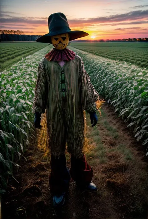 ((Low angle ground view)((Vintage FARMING HORROR magazine)) ((color news photo)) of a (srawman realistic looking human figure SCARECROW wearing clown JESTER clothing)BREAK(in tall field) BREAK((ominous sunset light) (phi ratio composition)(Perfect perspective)(wide angle lens) in the ((WPA photos)BREAK(post-processing: oversharpen, expert dodge and burn, ISO 400 color film noise, corner darken vignette) <lora:BetterHands:2> <lora:DepthOfFieldSliders:0.7><lora:HDhelper:0.4> <lora:ExposureControl:0.9> <lora:horror_slider_v7:0.9> <lora:EmotionSliders:-2> <lora:MoreDetails:0.4> <lora:Saturation:0.3> <lora:Film-Grain:0.5>
