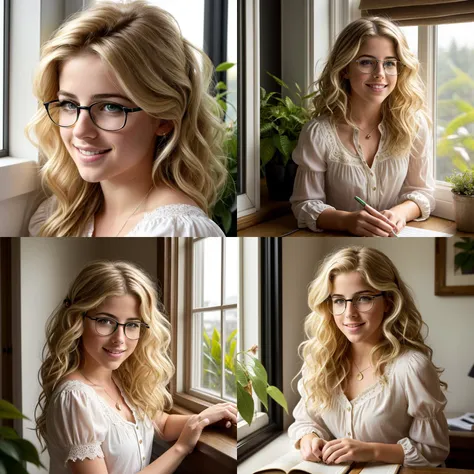 a pretty young girl
Emily Bett Rickards
with a button nose
a barrette holding
her messy wavy blonde hair
ringlets frame her face
a quiet study
green plants on the windowsill
rays of morning light
she smiles softly
under black oval glasses
reading peacefully
a white peasant blouse
sleeves rolled up to her elbows
a pencil in hand