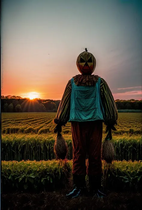 ((Low angle ground view)((Vintage FARMING HORROR magazine)) ((color news photo)) of a (srawman realistic looking human figure SCARECROW wearing clown JESTER clothing)BREAK(in tall field) BREAK((ominous sunset light) (phi ratio composition)(Perfect perspective)(wide angle lens) in the ((WPA photos)BREAK(post-processing: oversharpen, expert dodge and burn, ISO 400 color film noise, corner darken vignette) <lora:BetterHands:2> <lora:DepthOfFieldSliders:0.7><lora:HDhelper:0.4> <lora:ExposureControl:0.9> <lora:horror_slider_v7:0.9> <lora:EmotionSliders:-2> <lora:MoreDetails:0.4> <lora:Saturation:0.3> <lora:Film-Grain:0.5>