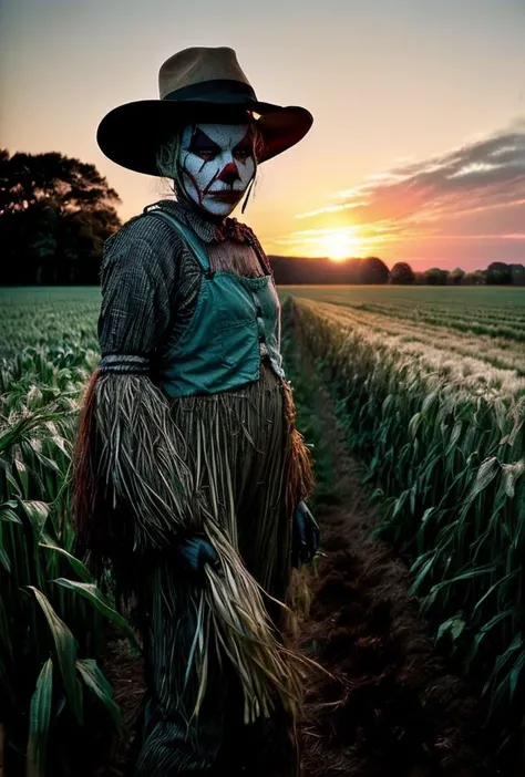 ((Low angle ground view)((Vintage FARMING HORROR magazine)) ((color news photo)) of a (srawman realistic looking human figure SCARECROW wearing clown JESTER clothing)BREAK(in tall field) BREAK((ominous sunset light) (phi ratio composition)(Perfect perspective)(wide angle lens) in the ((WPA photos)BREAK(post-processing: oversharpen, expert dodge and burn, ISO 400 color film noise, corner darken vignette) <lora:BetterHands:2> <lora:DepthOfFieldSliders:0.7><lora:HDhelper:0.4> <lora:ExposureControl:0.9> <lora:horror_slider_v7:0.9> <lora:EmotionSliders:-2> <lora:MoreDetails:0.4> <lora:Saturation:0.3> <lora:Film-Grain:0.5>