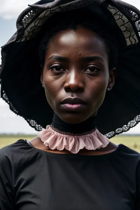 (black African girl:1.2) model (with long Pastel pink Asymmetrical Cut Haircut:1.2), (working in Stunning Serengeti National Park in Tanzania with Safari Wildlife and Wide Open Plains:1.1), (wearing Gothic Lolita Style with Ruffled Dresses and Lace Parasols:1.2), looking at viewer, portrait, (textured skin, skin pores:1.2), (moles:0.8), (imperfect skin:1.1), intricate details, goosebumps, flawless face, <lora:epiNoiseoffset_v2:1.2>, ((photorealistic):1.1), (raw, 8k:1.2), hyper realistic, HDR, cinematic,, dark, muted colors, slate atmosphere