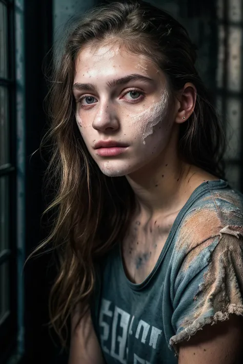 beautiful 20 year old college woman, covered in paint, posing in art studio, window in background, looking at viewer, portrait, (textured skin, skin pores:1.2), (moles:0.8), (imperfect skin:1.1), intricate details, goosebumps, flawless face, <lora:epiNoiseoffset_v2:1.2>, ((photorealistic):1.1), (raw, 8k:1.2), hyper realistic, HDR, cinematic,, dark, muted colors, slate atmosphere, ((macro lens))