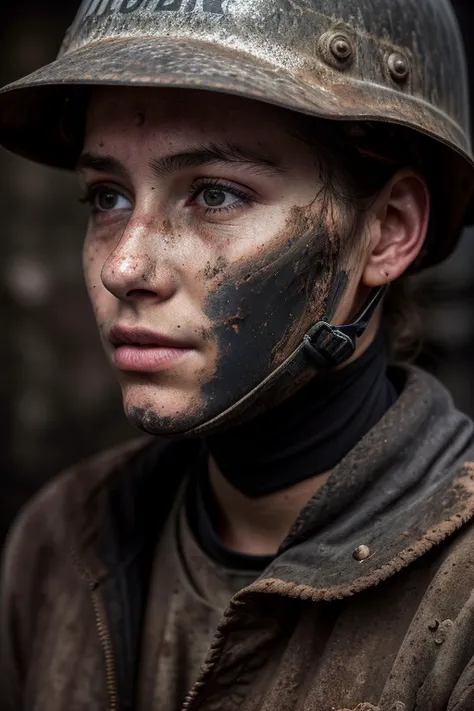 beautiful 20 year old college woman, in mining outfit, miners helmet, covered in dirt and coal, looking at viewer, portrait, (textured skin, skin pores:1.2), (moles:0.8), (imperfect skin:1.1), intricate details, goosebumps, flawless face, <lora:epiNoiseoffset_v2:1.2>, ((photorealistic):1.1), (raw, 8k:1.2), hyper realistic, HDR, cinematic,, dark, muted colors, slate atmosphere, ((macro lens))