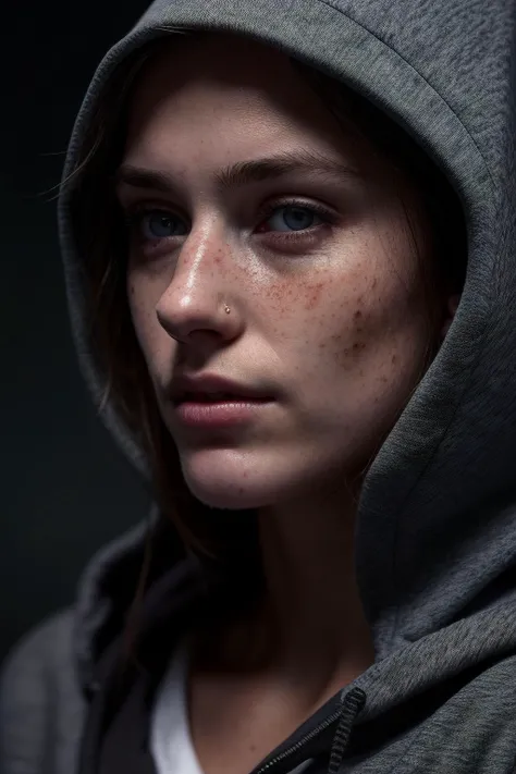 beautiful American college woman, wearing hoodie, looking at viewer, portrait,, <lora:epiNoiseoffset_v2:1.2>, (textured skin, skin pores:1.2), (moles:0.8), (imperfect skin:1.1), intricate details, goosebumps, flawless face, (light freckles:0.9),, ((photorealistic):1.1), (raw, 8k:1.2), hyper realistic, HDR, cinematic, dark, muted colors, slate atmosphere