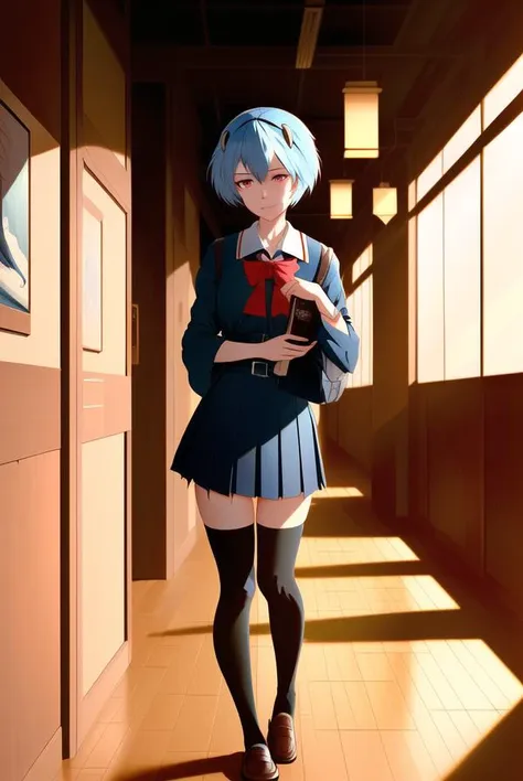 masterpiece portrait of smililng Rei Ayanami \(evangelion\), evangelion \(Hideaki\), caustics, textile shading, high resolution illustration, red eyes, feminine, no pupils, blue hair,  short hair, japanese school uniform, loafers, detailed school, japanese school hallway, japanese modern school in Tokyo, soft light, black stockings, torn stockings, indoors, wooden floor, hallway, at night, neon lights, (((by Atey Ghailan and Emmanuel Shiu,SamDoesArt1)))